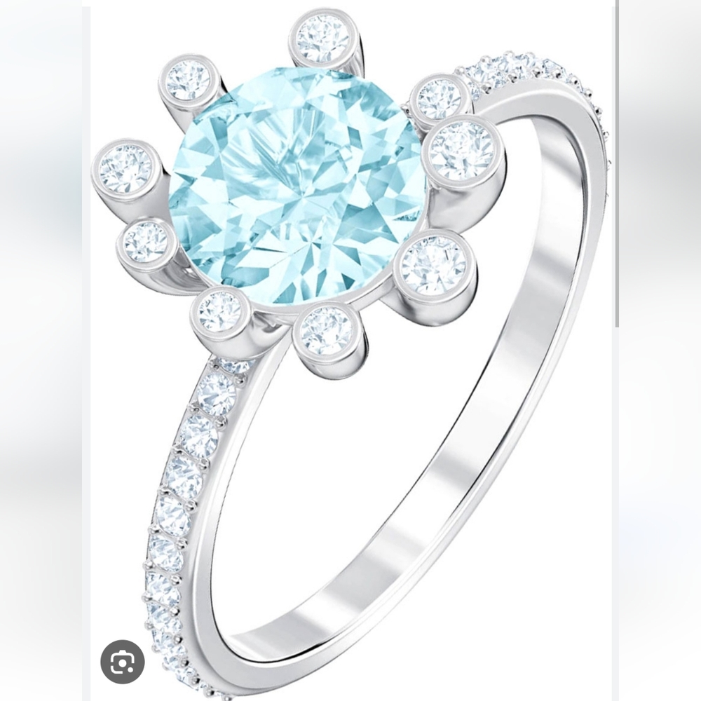 New Swarovski 5479929 Olive Ring Aqua Blue Crystals Rhodium-Plating Size 55 US 7